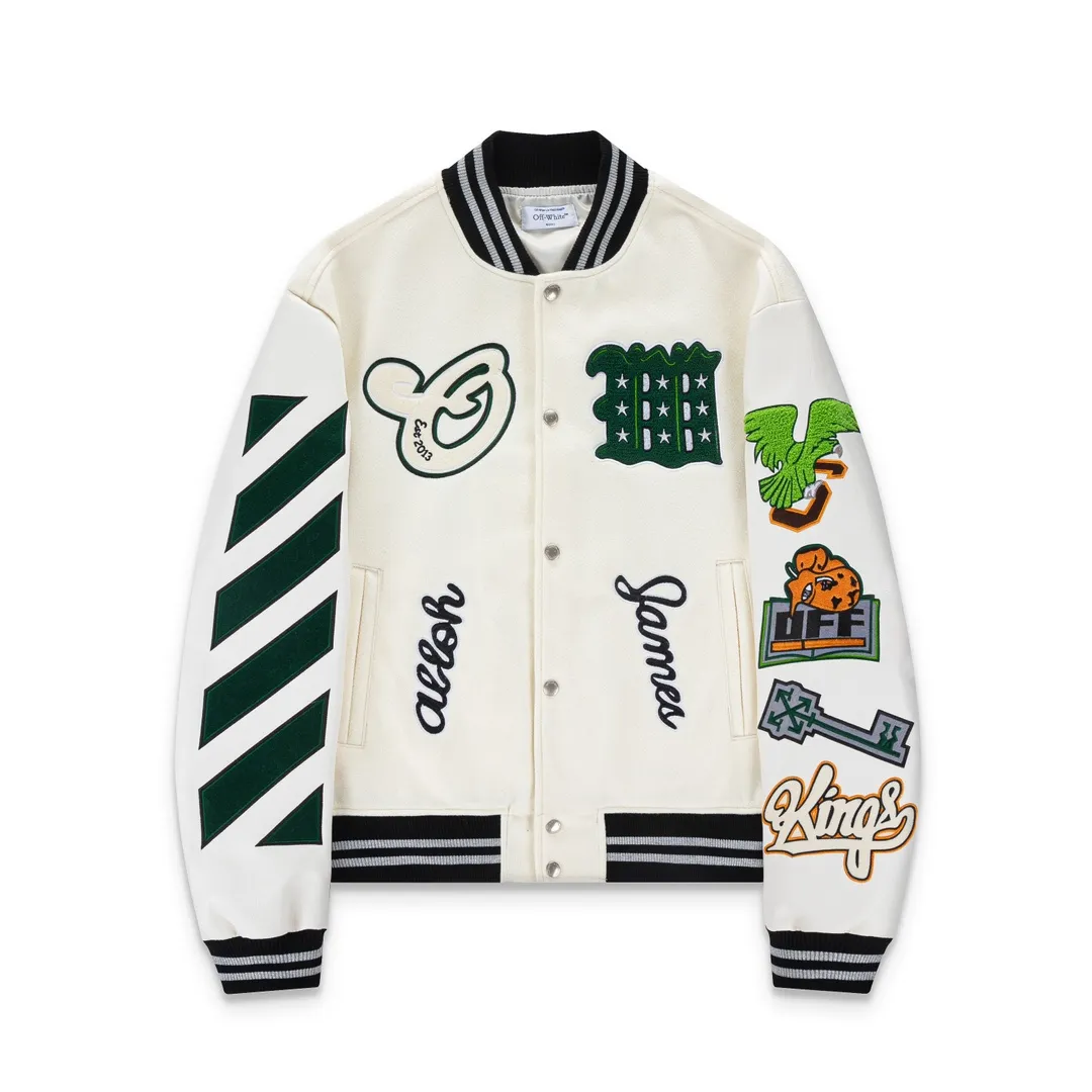 S60#P676, off white new autumn and winter heavy industry embroidered leather baseball jacket for couples Color: black beige Size: S M L XL